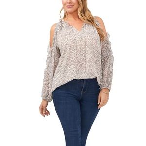 1. State Long Sleeve Leopard Print Cold Shoulder Ruffle Split Tie V-Neck Blouse